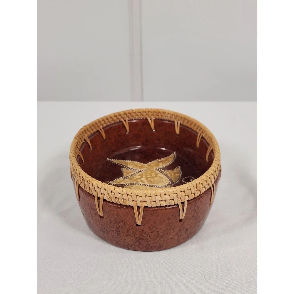 VTG Terracotta‎ Fish Bowl with Woven Rattan Trim Boho Decor Handmade 5.5